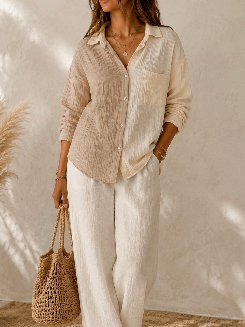 Bohme Neutral Oversized Two-Tone Button-Up Shirt Beige & Cream Cotton Muslin